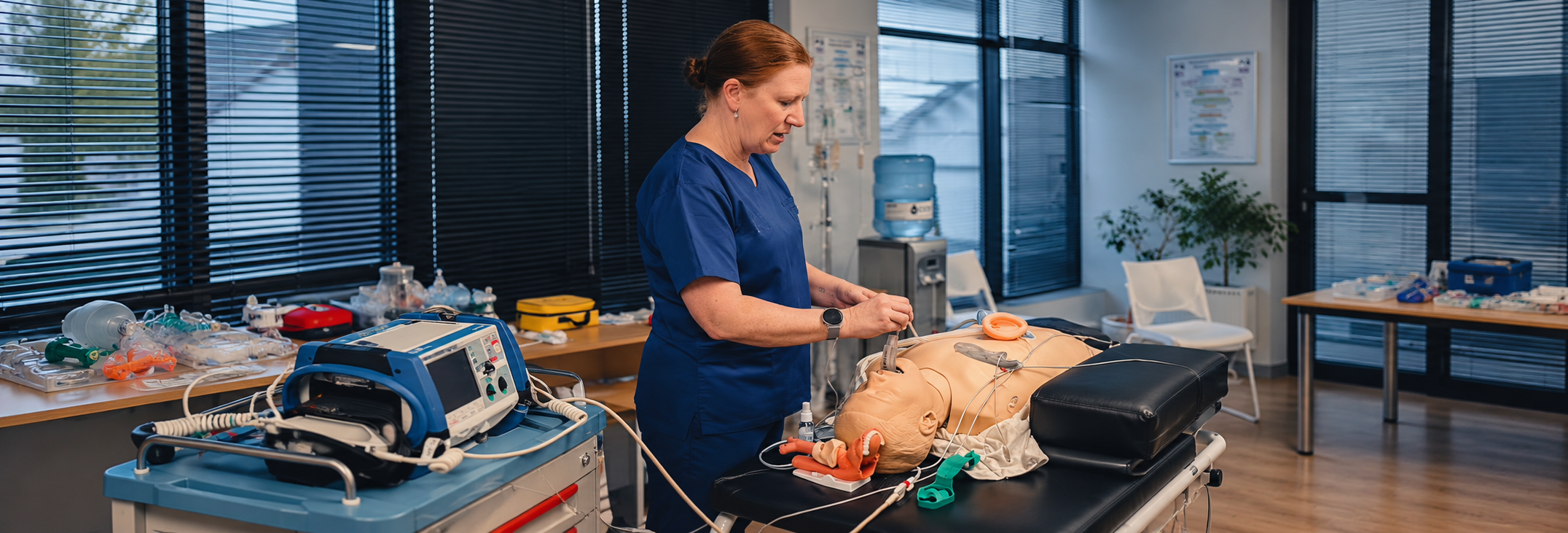 Illustrative scene of learners exploring an anatomical heart teaching model with an educator
