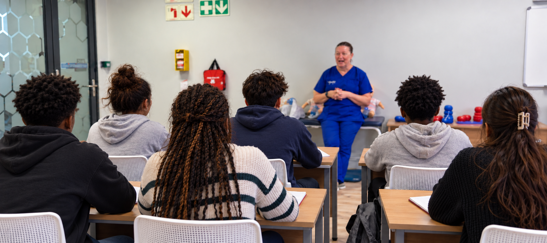 Illustrative scene of learners discussing healthcare careers with an educator